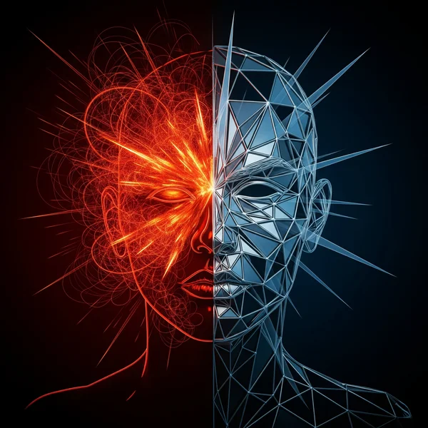 抽象艺术，描绘一个人脸上精神病态与反社会人格者二元对立