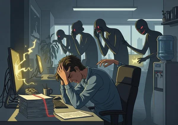 Overwhelmed employee in a toxic office, subtle manipulation