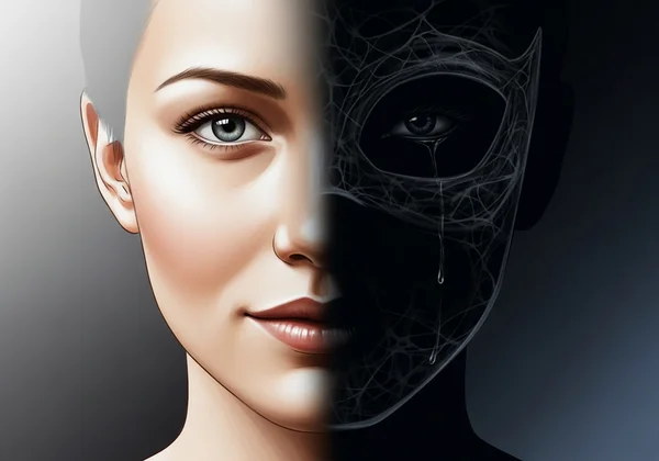 A woman's face with a hidden, subtle mask of manipulation