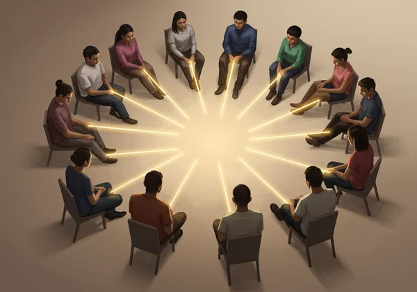 A diverse group of people engaged in a supportive and understanding conversation.