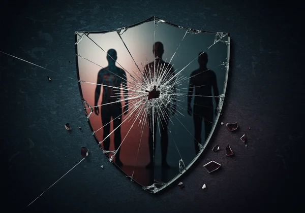 Broken trust represented by shattered glass or a fractured shield.