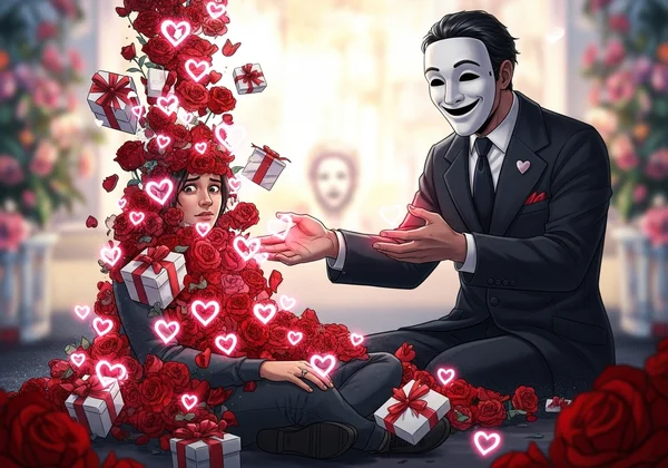 Person being 'love bombed' with gifts from a masked figure.