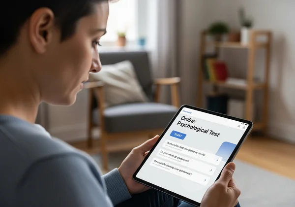 User reflecting on a sociopath test on a digital device
