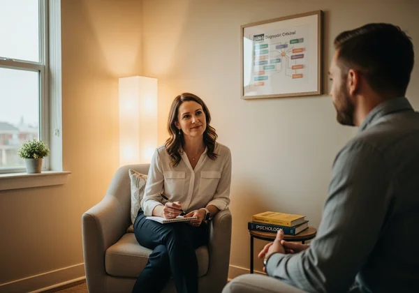 Clinician discussing diagnosis with patient in a professional setting.