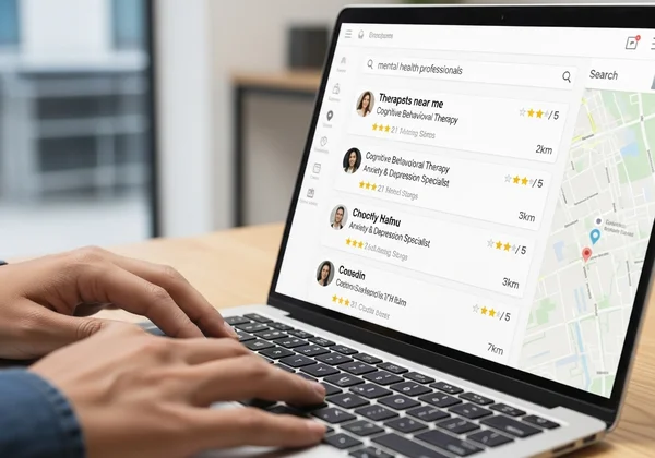 Person searching online for a qualified therapist or professional.