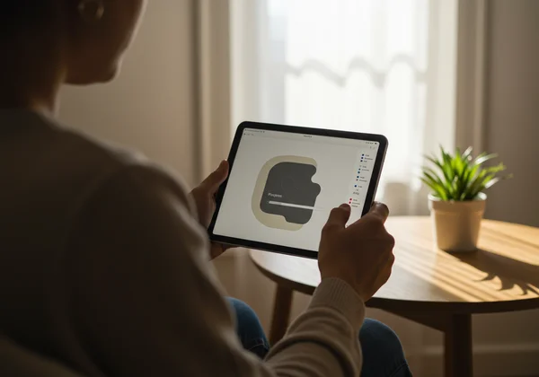 A person sitting in a calm environment, thoughtfully filling out a self-assessment form on a tablet.