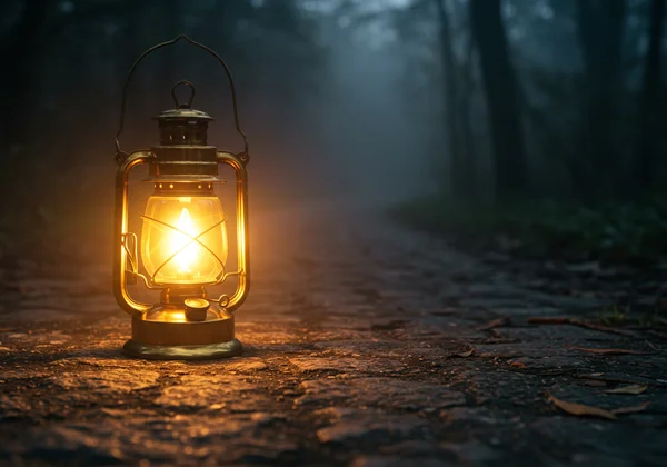 A warm lantern casting a gentle light on a path in a dark forest, symbolizing guidance.